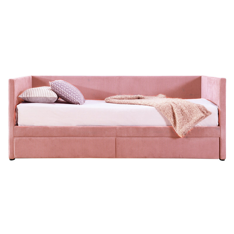 Twin Daybed In Pink Corduroy With Two Drawers, Frame, Soft Foam Padding, Convenient Storage Space Size And Wood Slat Framework, Enlarged Area, No Box Spring