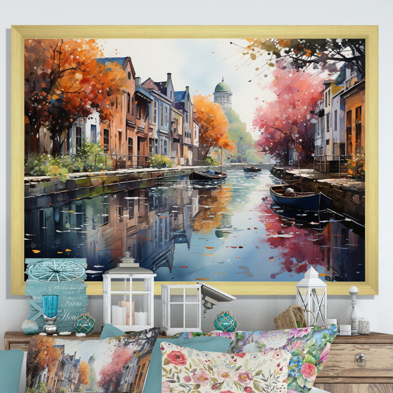 Pointillisme du canal rose vibrant - impression, Encadrement doré, H 30 po x l 40 po x P 1,5 po
