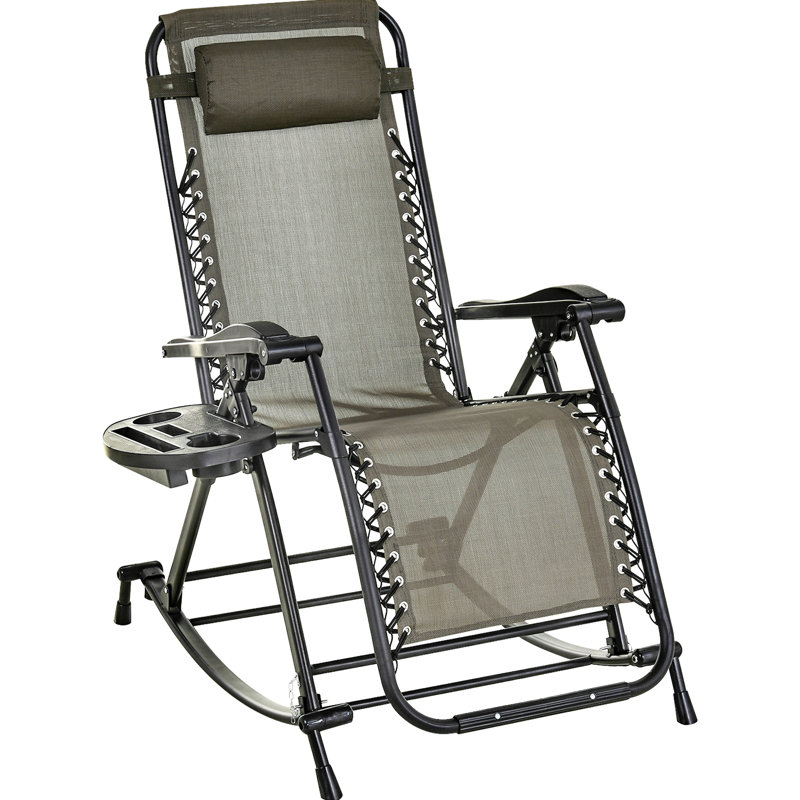 Chaise berçante pliable avec fauteuil inclinable d'extérieur avec housse respirante, gobelet et support pour téléphone, gris
