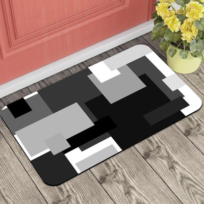Front Door Mat Outside Entrance, Black White Grey Geometric Boho Checkered Welcome Mat, Non-Slip Low Profile Absorbent Easy Clean Indoor Outdoor Doormat for Entryway Patio Porch 16"x24"