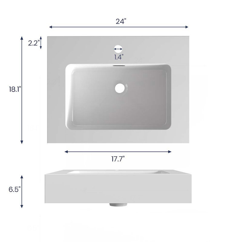 BB02-24-101, lavabo à surface solide intégré SANS drain et robinet, couleur blanc brillant