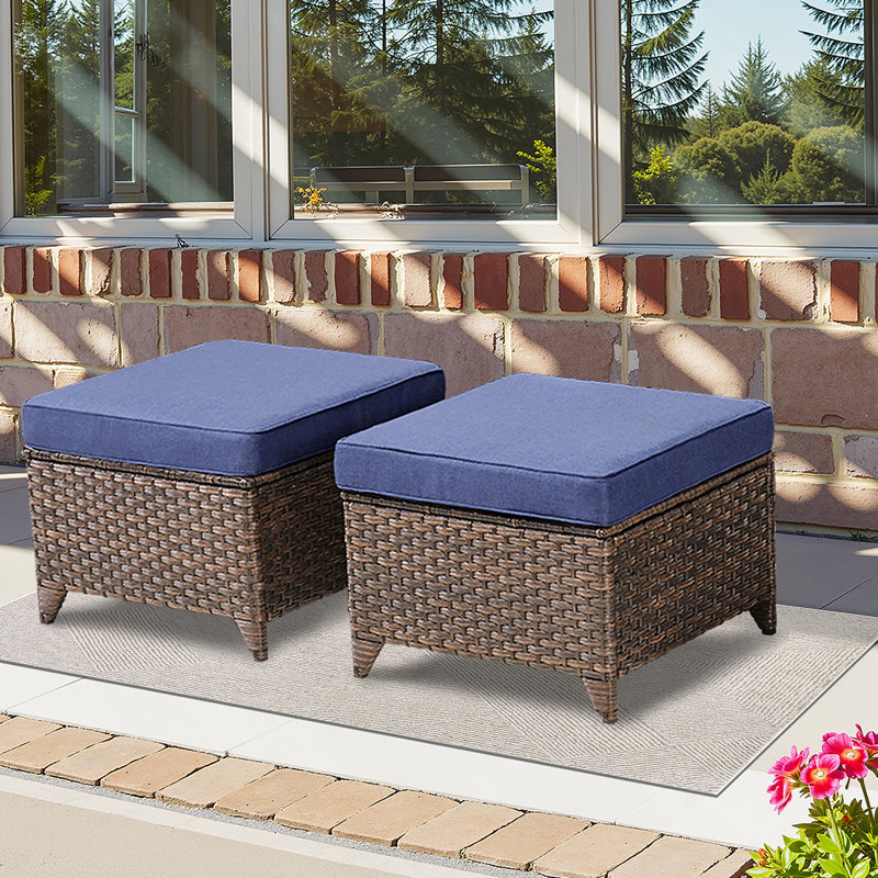 Ensemble de 2 repose-pieds d'extérieur en osier PE avec coussins bleus pour la cour ou la terrasse