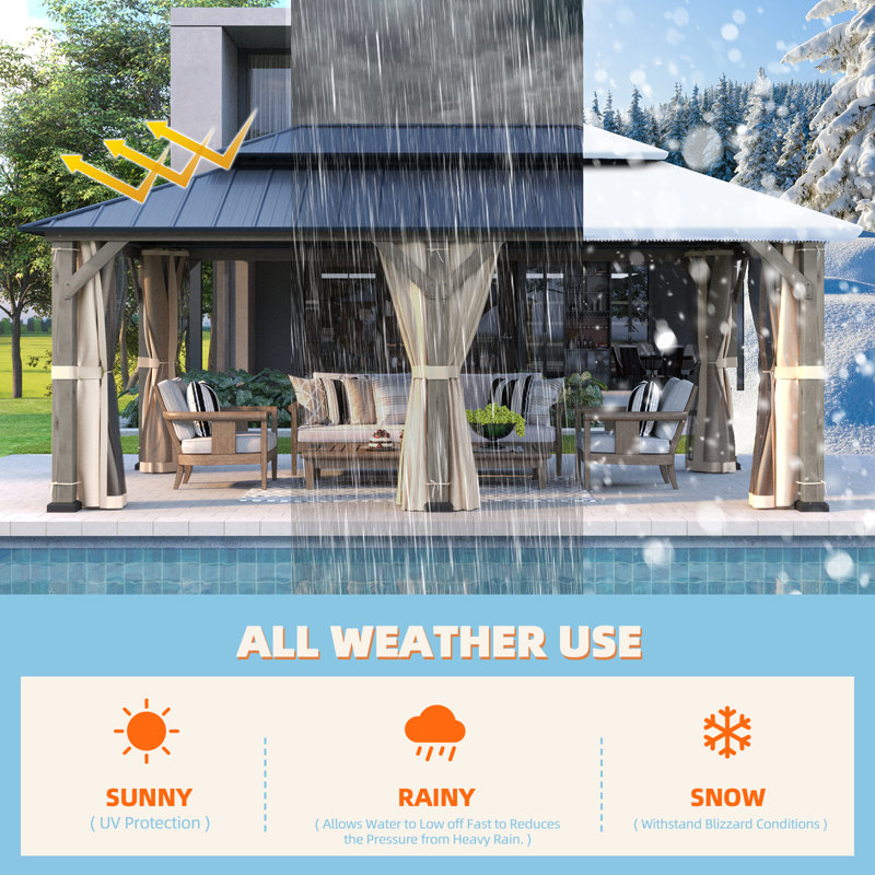 Cedar and Metal Hardtop Outdoor Gazebo with Curtains, 12' x 20'