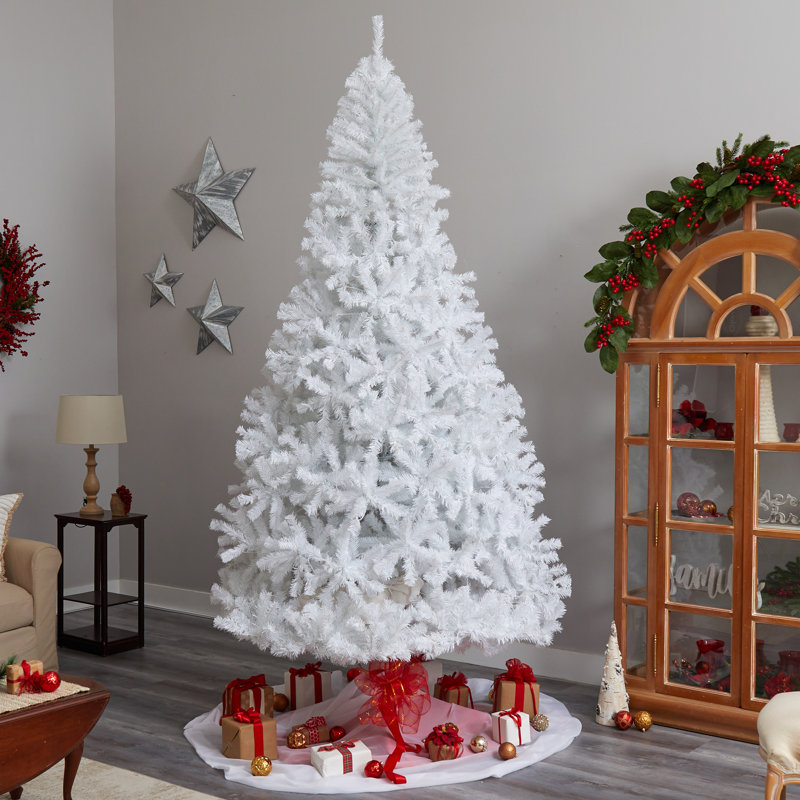 Arbre de Noël artificiel pin blanc avec lumières claires, H 9 pi