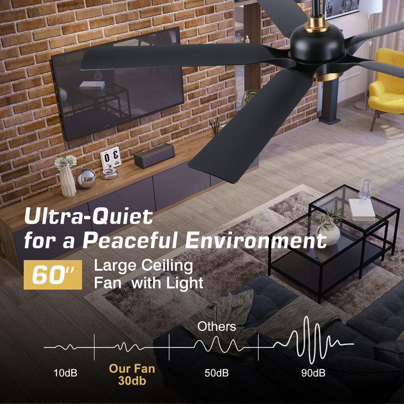 60" Modern Outdoor Ceiling Fan with Lights, 5 ABS Plastic Blades, Reversible DC Motor, 6-Speed Remote Control, 3 CCT, indoor Outside Ceiling Fan for Patio Porch Gazebo Garage, Golden Black