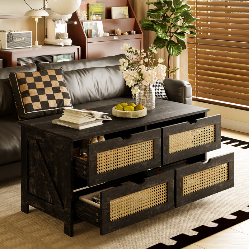Table basse en rotin et bois, 4 tiroirs avec rangement, Chêne rustique foncé, H 19,7 po x l 37,4 po x L 17,7 po