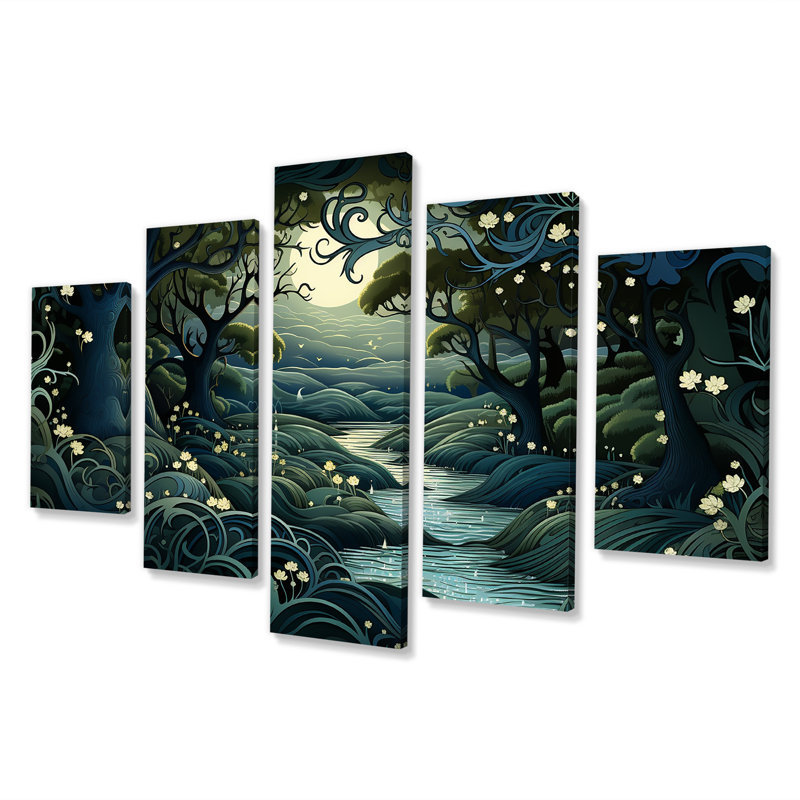 «Jungle River Collage At Night II - Jungle Multipanel», ensemble d'art mural