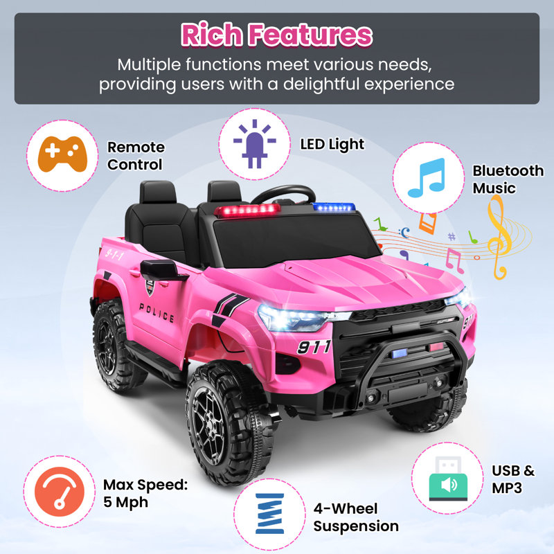 24V Pink 2-Seater Ride-On Police Truck with Remote Control