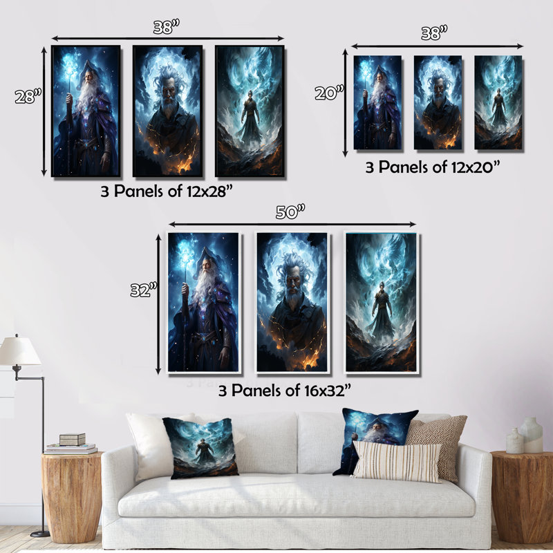 " Powerful Wizard " 3 - Pieces, 32" H x 48" W, Black Floater Framed