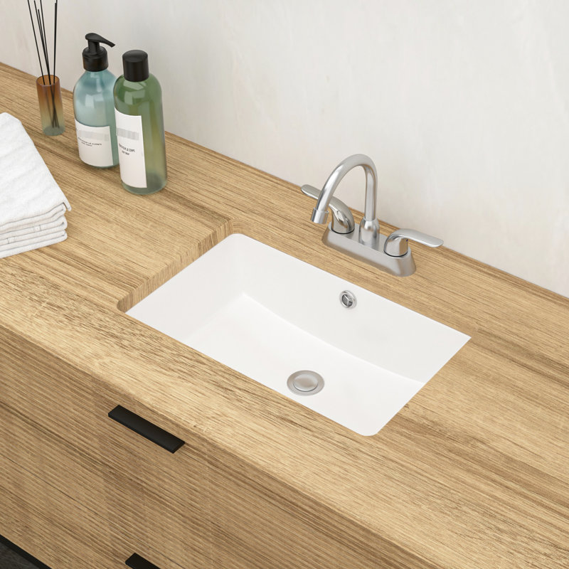 White Rectangular Undermount Ceramic Sink 18"X12" With Overflow - Sleek Design, Low Water Absorption For Bathroom Improvement Contemporary Smooth Surface Toilet Room