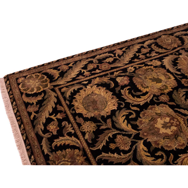 Tapis noir / brun en laine noué à la main de conception unique 6 pi 1 po x 9 pi