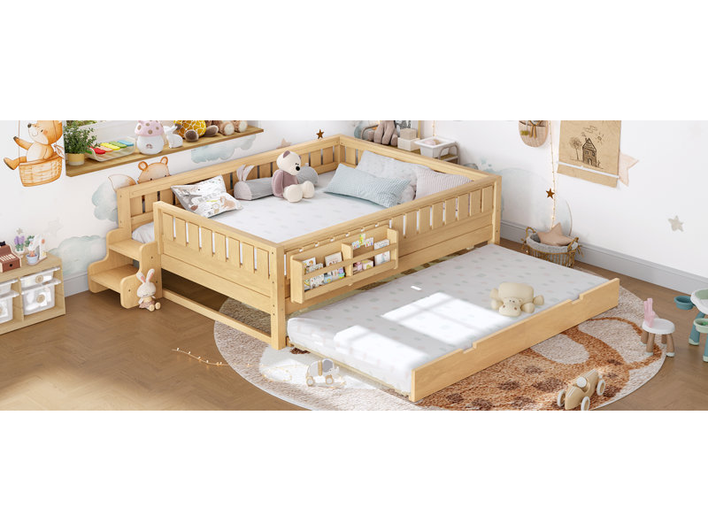 Lit en bois de pin pour enfants moderne Vireo avec tablettes intégrées, rangement pour escalier, rails de sécurité et lit gigogne