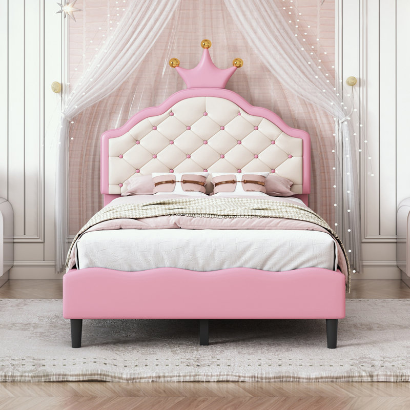 PU Leather Princess Bed with Tufted Headboard, Twin