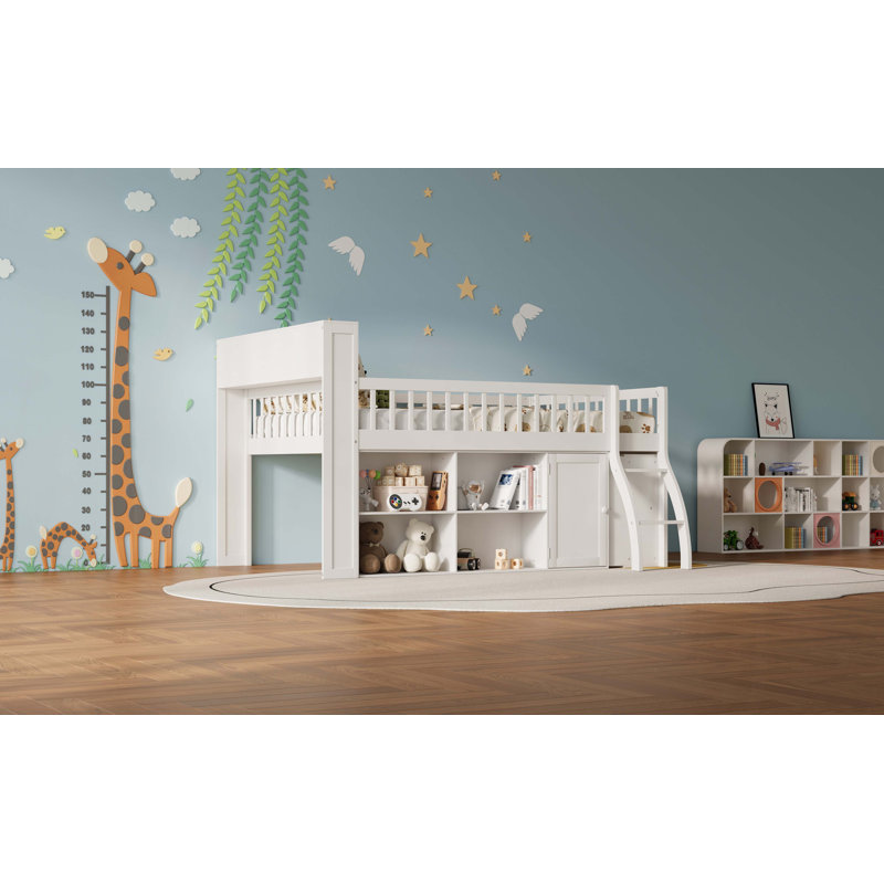 Lit mezzanine double avec rangement, tête de lit avec lumière DEL, Lit double, Blanc