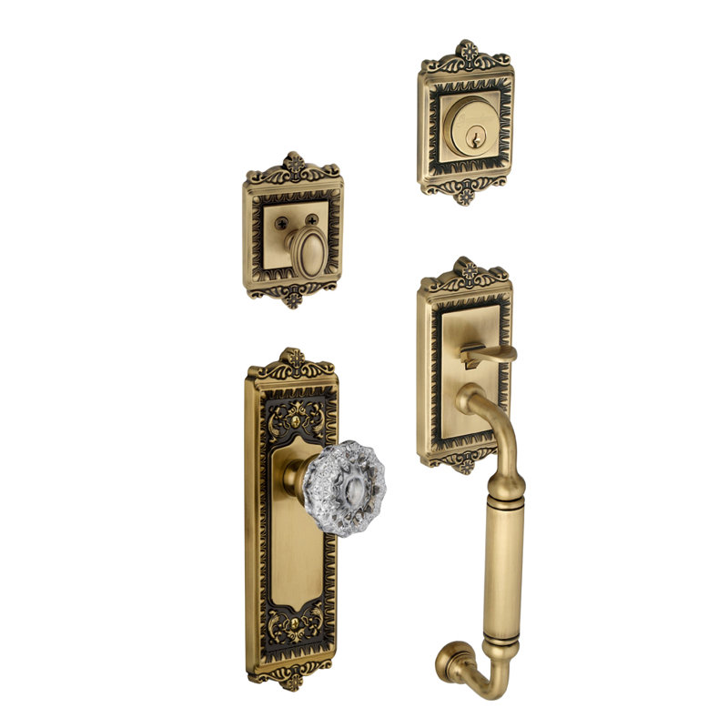 Windsor Handle With Knob And Deadbolt, Vintage Brass