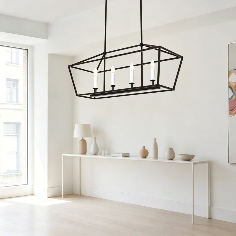 Luminaire suspendu pour îlot de cuisine 4 lumières, lustre de salle à manger de ferme sur table, structure géométrique à cage ouverte avec finition bronze huilé et base d'ampoule E12