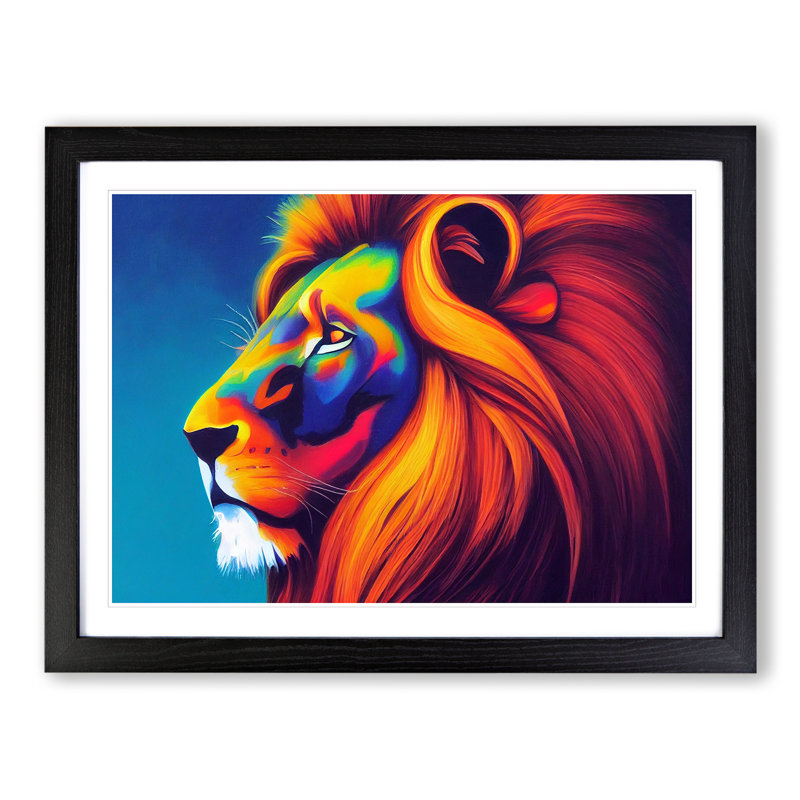 Compelling Lion - Single Picture Frame Print, Black, 46cm H x 64cm W x 2cm D