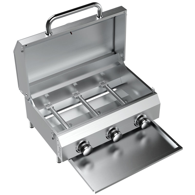 Barbecue au gaz de table à 3 brûleurs, barbecue au propane portatif de 30 000 BTU avec grilles épaisses robustes et boutons en acier inoxydable, conception compacte et pieds amovibles pour le camping, le camping-car et la cour arrière