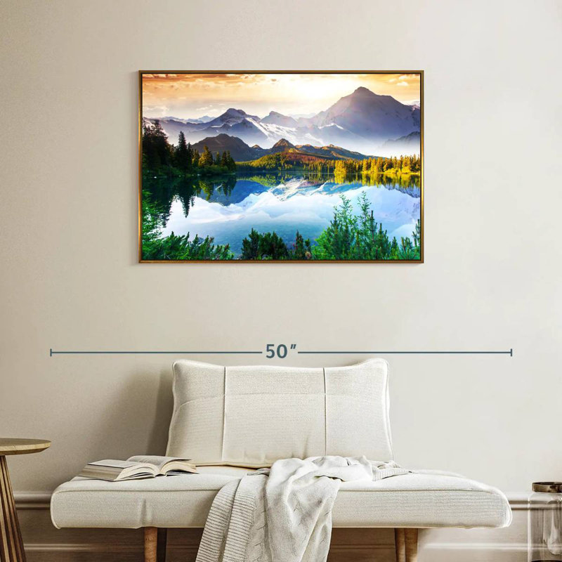 Montagne et lac au lever du soleil, Cadre flottant doré, 37 po x 25 po