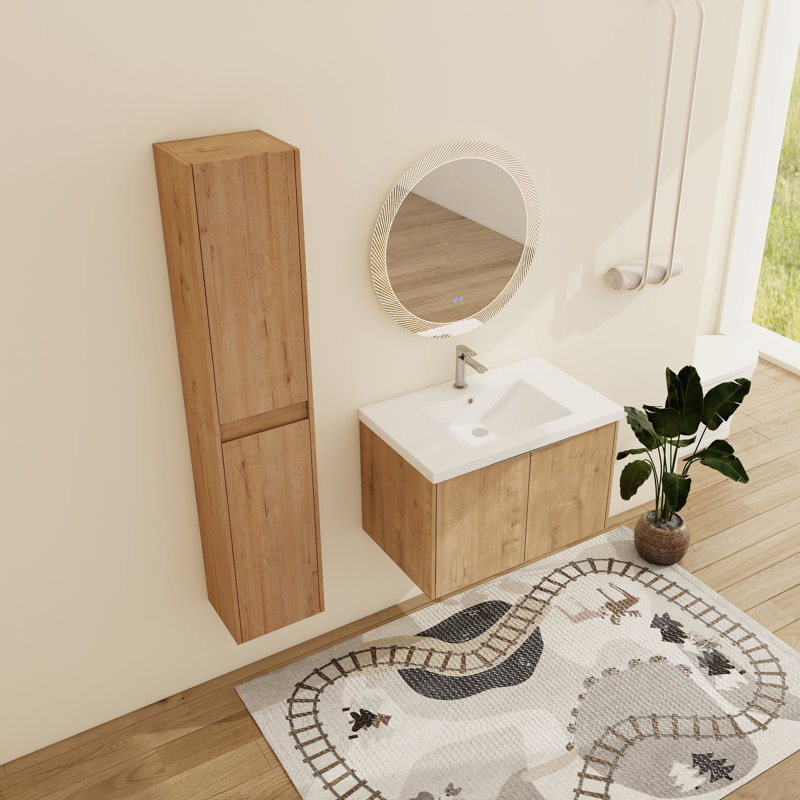 Meuble-lavabo mural simple 30 po avec comptoir en résine et armoires latérales Eskar, 30''