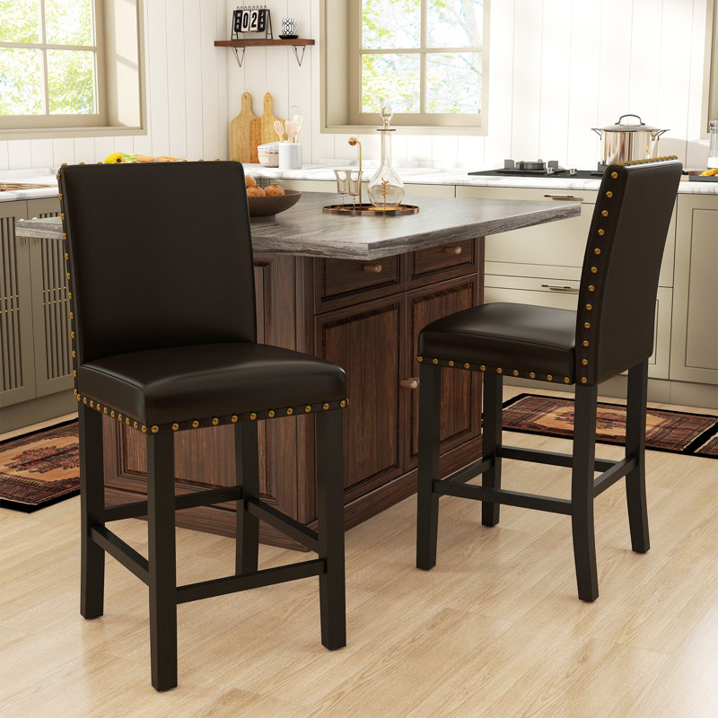 Hort Solid Wood 25" Counter Stool, Brown Faux Leather