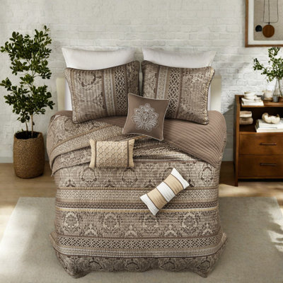 Luxurious Reversible Jacquard Bedding Sets, Cotton Brown Gold, For Home Décor