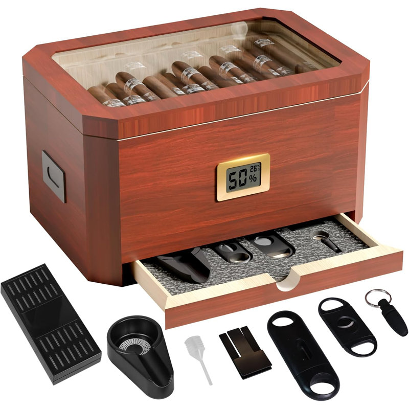 Cendrier cigare de qualité supérieure, grande capacité (50 à 80 cigares) avec hygromètre numérique, humidificateur et 5 accessoires gratuits, surface peinte par pulvérisation pour le rangement des cigares