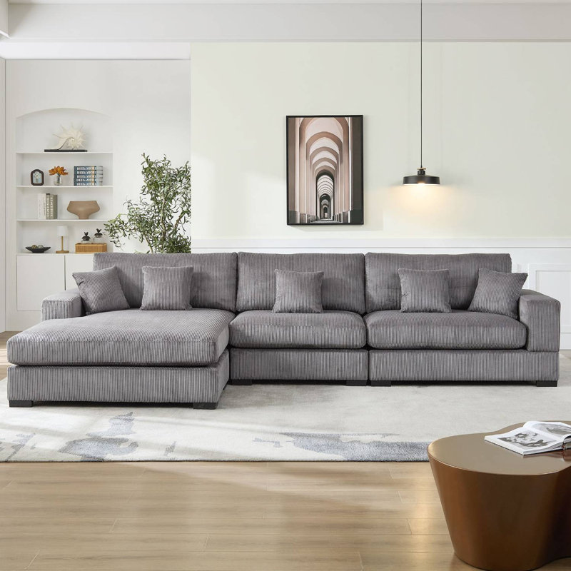 148" Upholstered Soft Sectional With Chaise, Gray Polyester