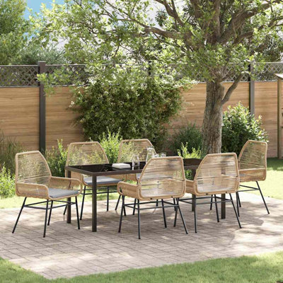  Ensemble de salle à manger de jardin avec coussin 7 pièces en rotin de polyester brun