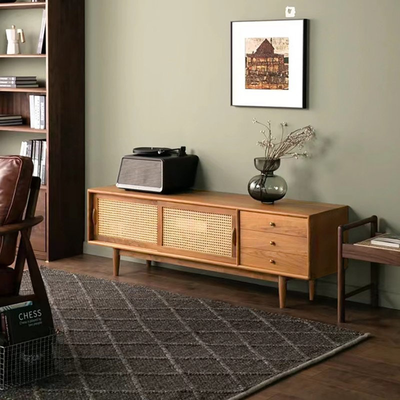 Modern simple rattan TV cabinet, Yellow, 78.7"