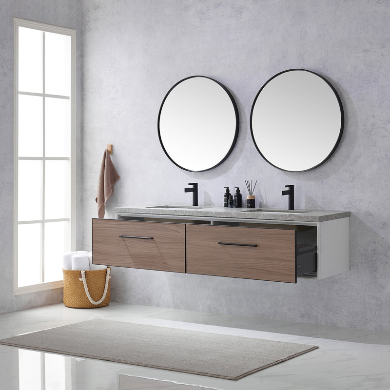 Ensemble de meuble-lavabo double 72 "avec miroir, Noyer clair, Noir mat