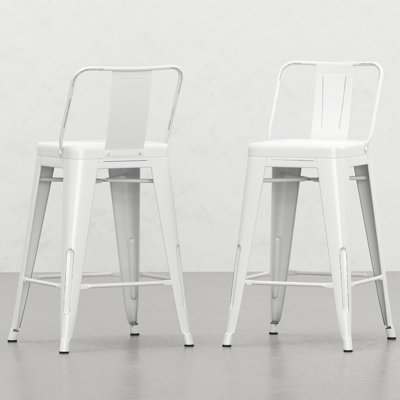 Tabouret de comptoir 24 po en métal blanc vieilli 24 po, confortable avec dossier et repose-pieds incurvés, entretoise stable, pieds en équerre pour tabourets de bar de salle familiale, 24 po, repose-pieds confortable
