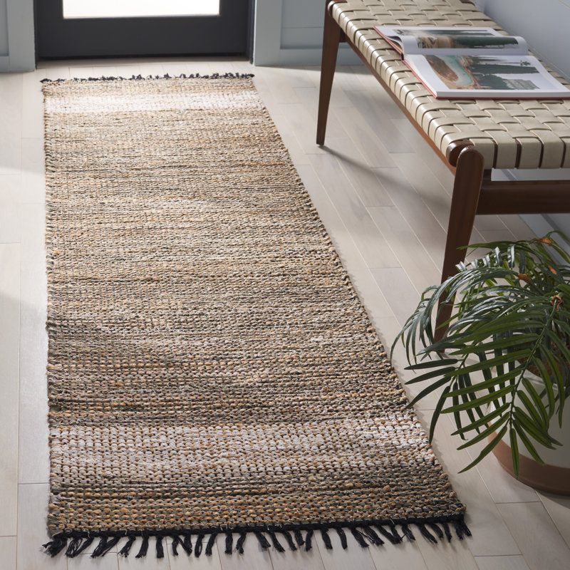Tapis vert / beige en denim / jute / coton tissé à la main Cape Cod 153, Tapis de couloir 2 pi 3 po x 8 pi