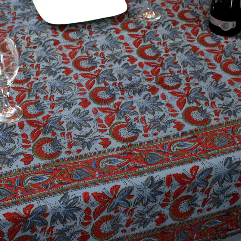 Block Print Cotton Floral Tablecloth Rectangle, 106" x 106", Blue