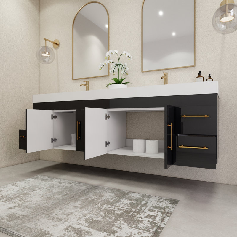 83.4" Wall-Mounted Double Bathroom Vanity Set, Glossy Black