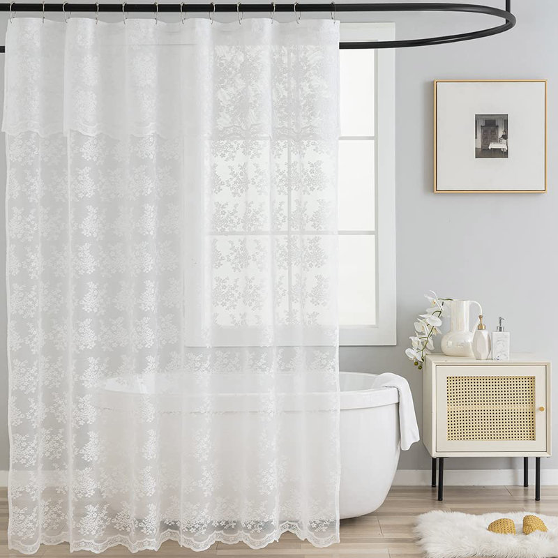 Rideau de douche en dentelle blanche avec cantonnière attachée, élégant rideau de douche floral pour salle de bain, rideau de douche diaphane rétro festonné, 1 panneau