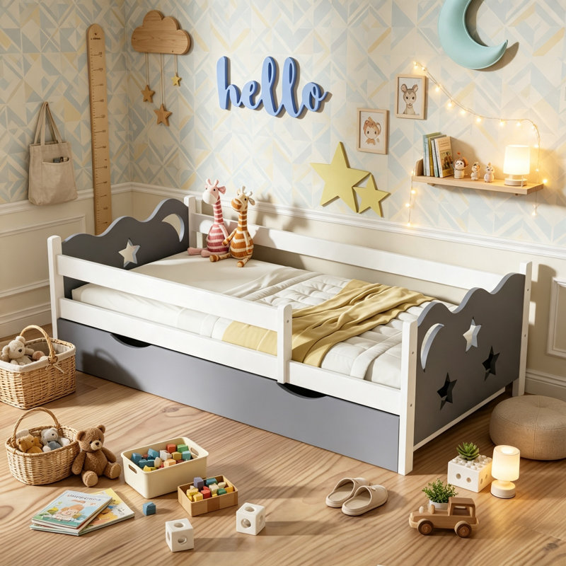 Lit pour enfants Kids, lit de jour en bois de pin avec tiroir de rangement et garde-corps de sécurité, taille simple, blanc crème