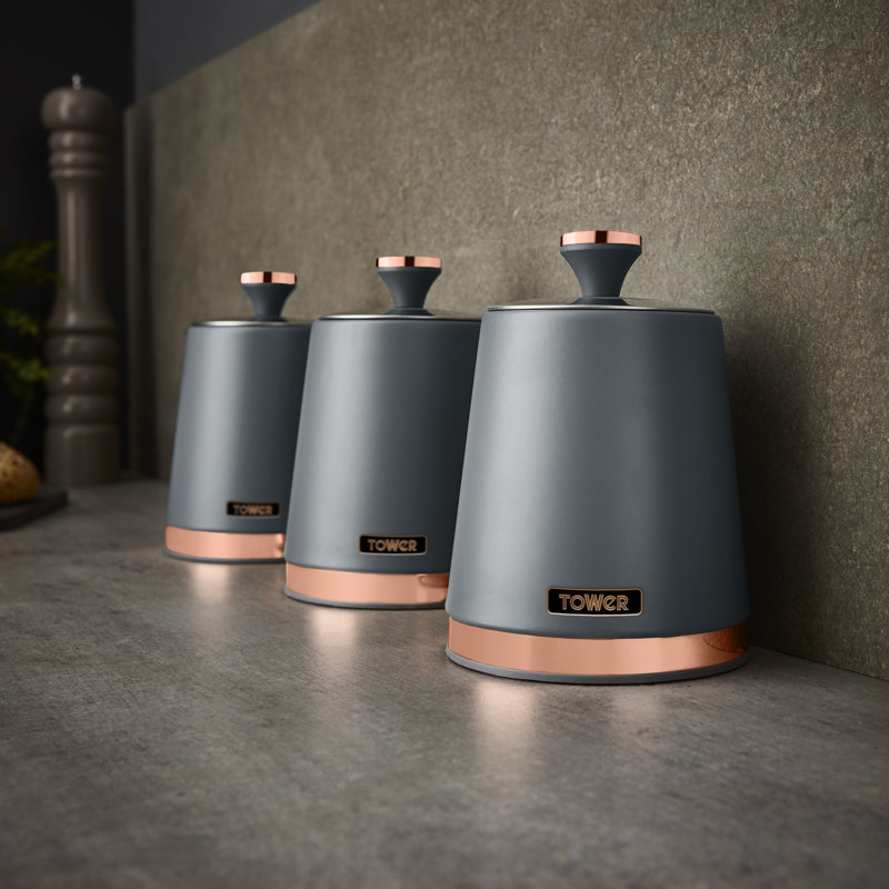 Tower Cavaletto Pieces of 3 Storage Canisters for Tea/ Coffee/ Sugar, Steel, Grey