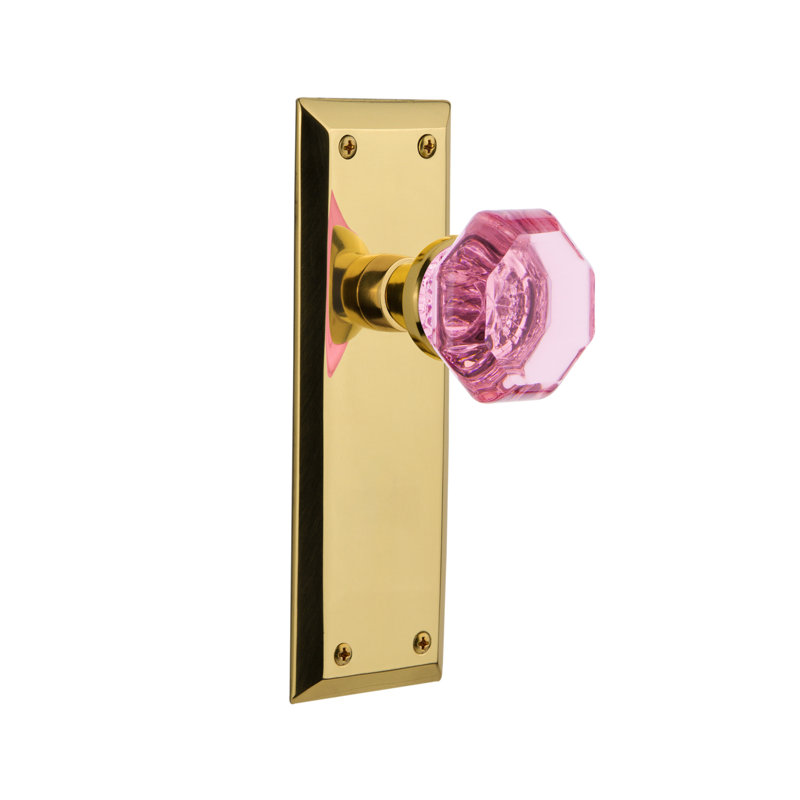 New York Plate with Waldorf Pink Door Knob, Polished Brass