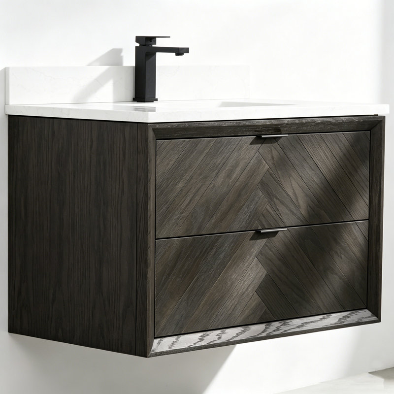 Meuble-lavabo flottant moyen 36 po avec plateau en marbre d'ingénierie 36 po, Dark Brown Oak