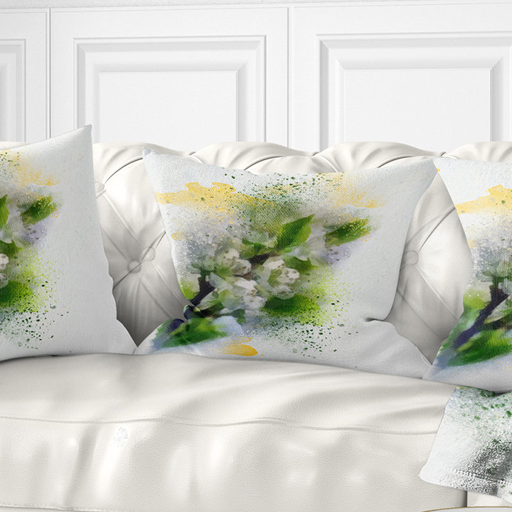 Branche de cerisier avec feuilles et fleurs - coussin à imprimé floral, 16 po x 1 po, Coussin décoratif