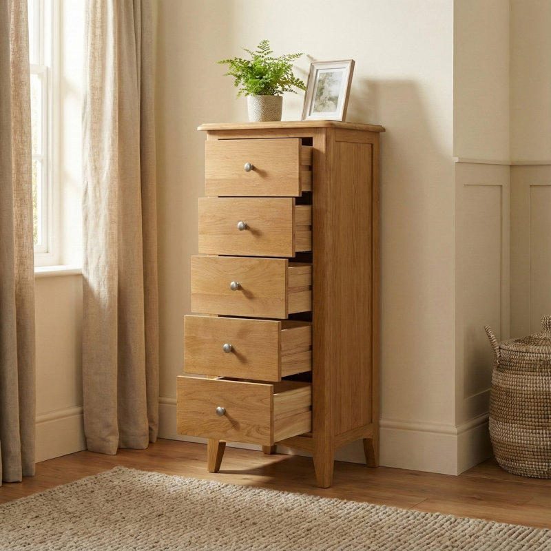 Censu Oak 5 Drawer Narrow Chest