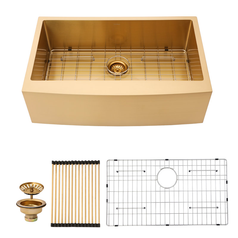 Farmhouse Kitchen Sink Gauge Stainless Steel Kitchen Sink Apron Front Sink, Gold, 10" H x 33" L x 21" W