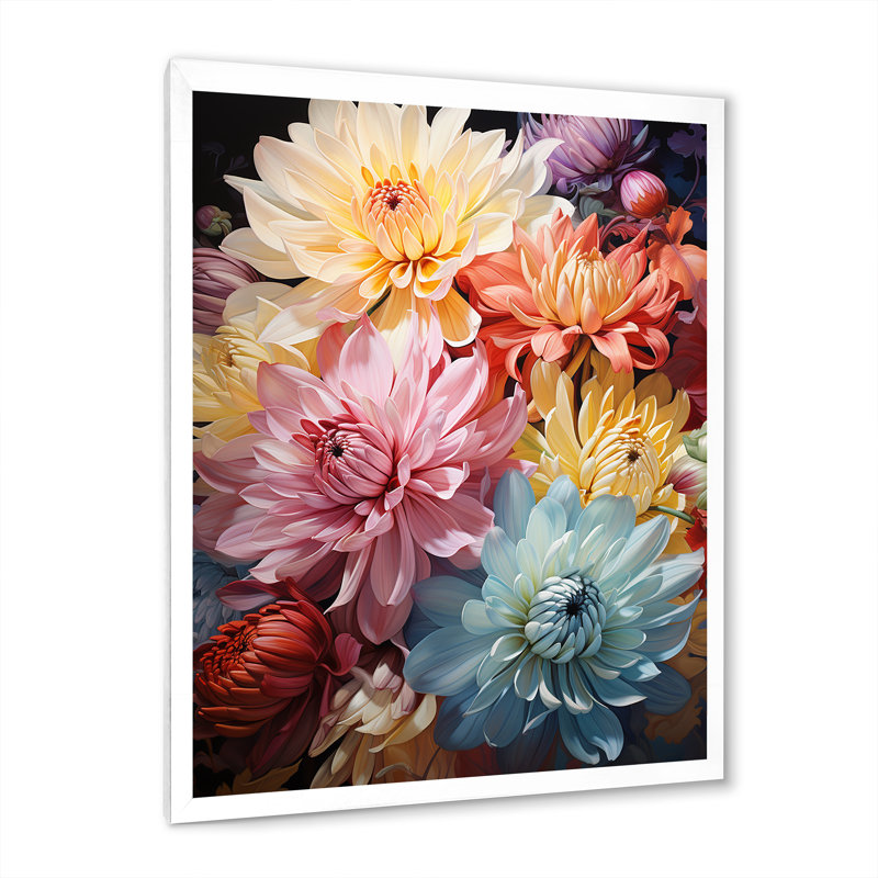 «Mums With Its Caractéristic Curved Stems I», reproduction sur toile, H 44 po x l 34 po x P 1,5 po, Cadre simple blanc