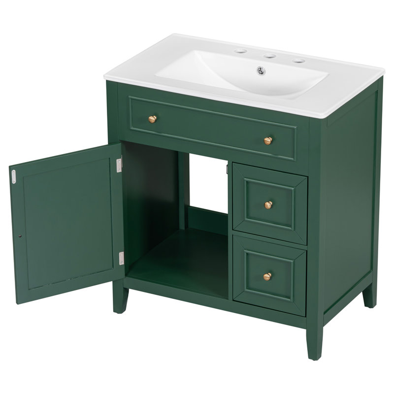 30" Bathroom Vanity with Ceramic Sink, Cabinet with Door and Two Drawers, Solid Wood Frame, Easy Assembly, Green