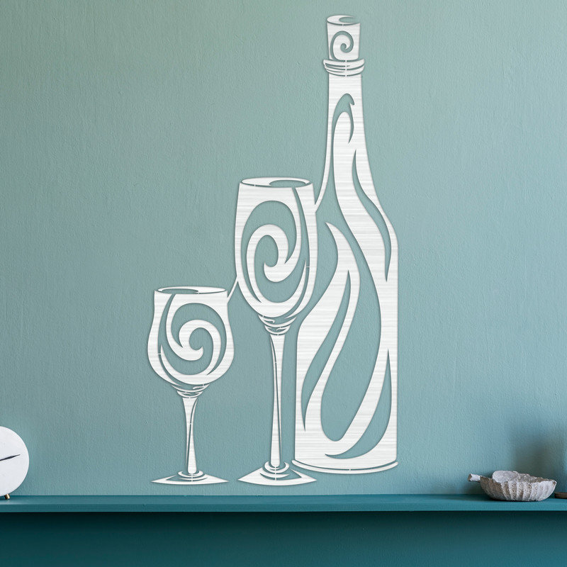 Art mural de bouteille de vin et deux verres à vin - ACM, Noir, H 32 po x l 17,1 po x P 0,25 po