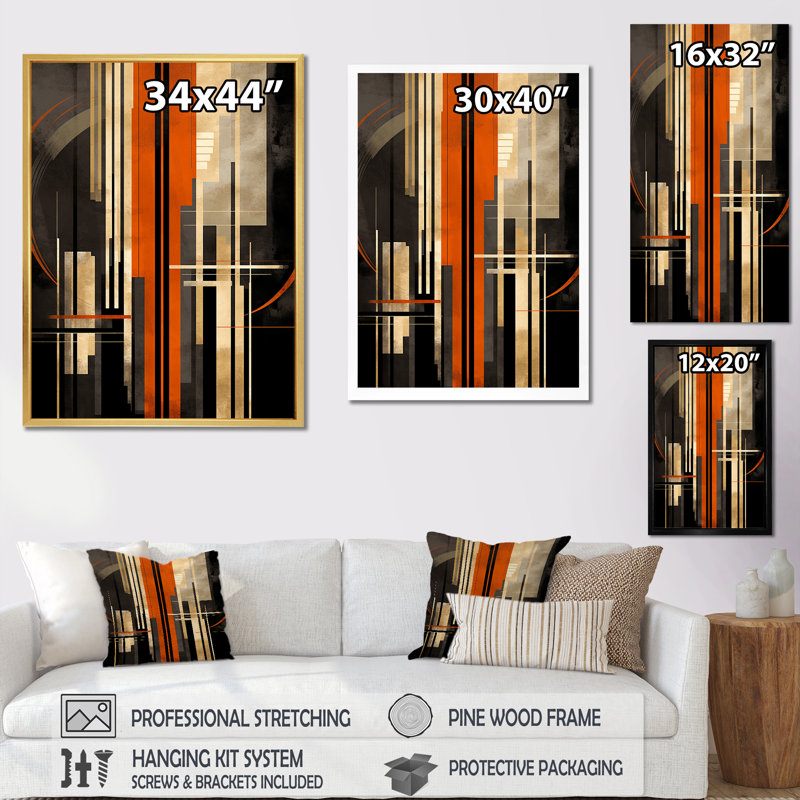Orange et gris vecteurs I - formes abstraites sur toile, H 40 po x l 30 po x P 1,5 po, Toile tendue