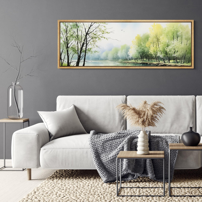 «Rustic Countryside Spring Awakening Gentle River Landscape Pastoral Scene Blossoming Trees Retro Large Wall Decor», reproduction encadrée