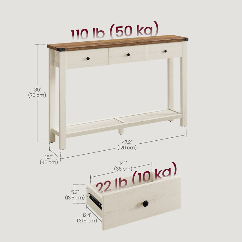 Console Sahaï avec 3 tiroirs, 	Blanc rustique, H 30,3 po x l 47,6 po x P 9,8 po