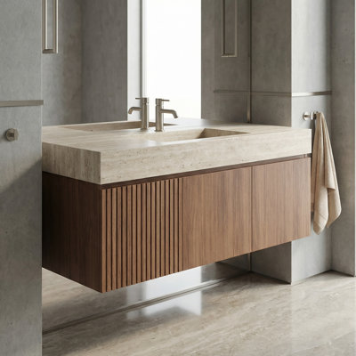 48-Inch Bathroom Vanity With Sink, Featuring A Carrara White Sintered Stone Countertop And Ceramic Basin, Pre-Assembled, With A Brown Oak Veneer Finish.